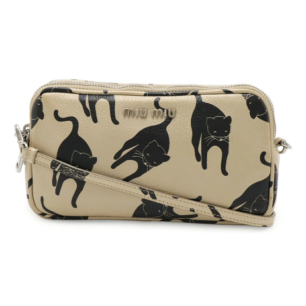 Miu Miu Madras Cat Pouch Clutch Shoulder Bag Leather Beige Cream